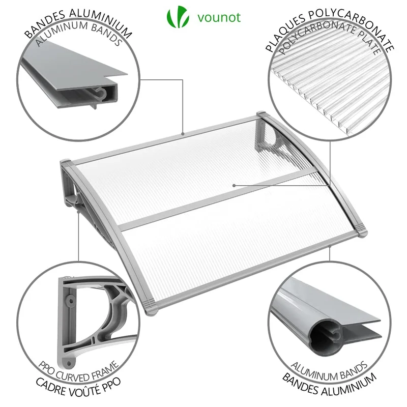 VOUNOT Vordach Haustür 120 x 80 cm aus Aluminium und Polycarbonat