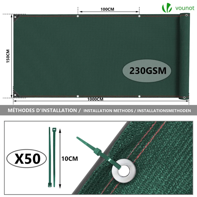 VOUNOT Zaunblende Sichtschutz Schattiernetz 1,5 x 10 m HDPE, Grün