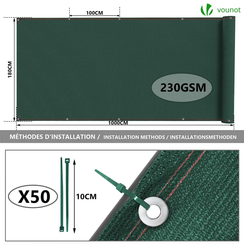 VOUNOT Zaunblende 1,8 x 10 m, HDPE Sichtschutz 230 g/m², Grün
