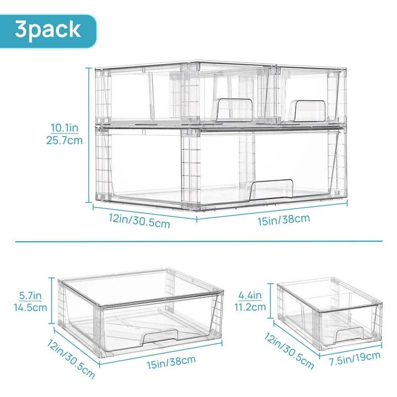 Vtopmart Aufbewahrungsschubladen 3er-Set, stapelbar, transparent