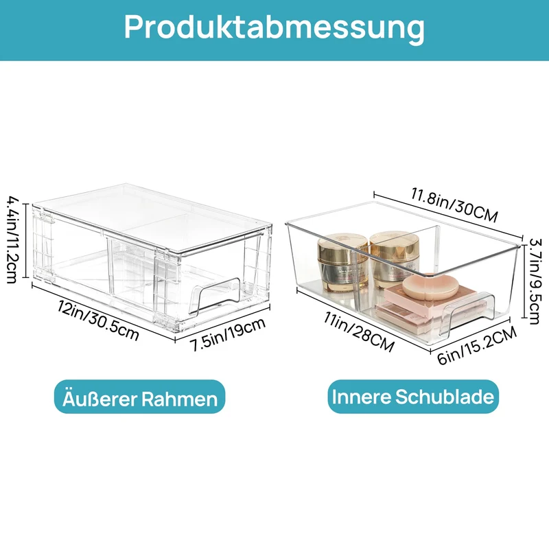 Vtopmart Aufbewahrungsschubladen 4er-Set, stapelbar, transparent
