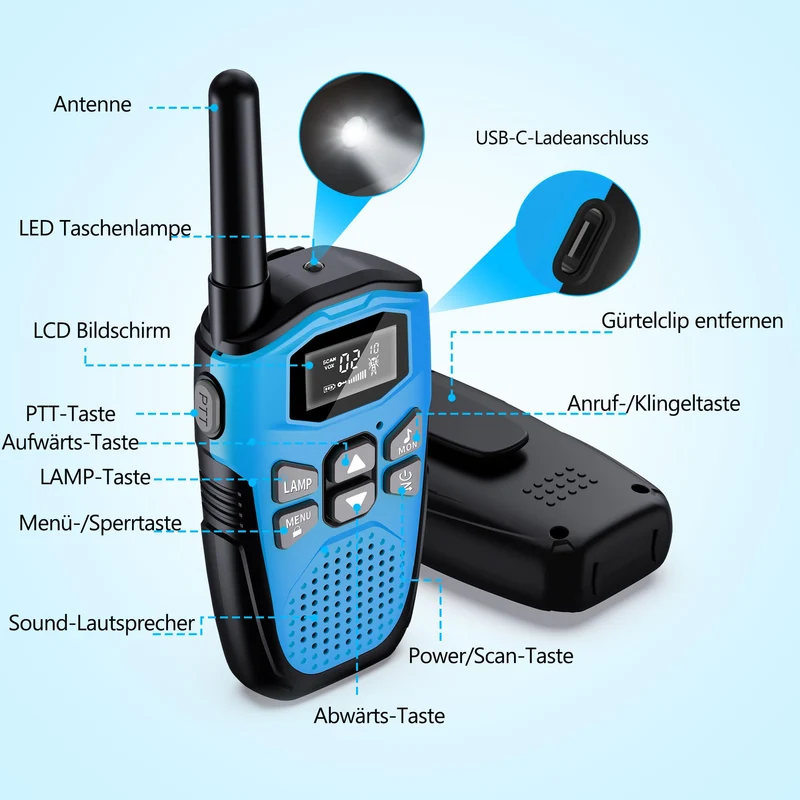 NXGKET Walkie Talkie 4er Set, aufladbar mit Akku und Taschenlampe