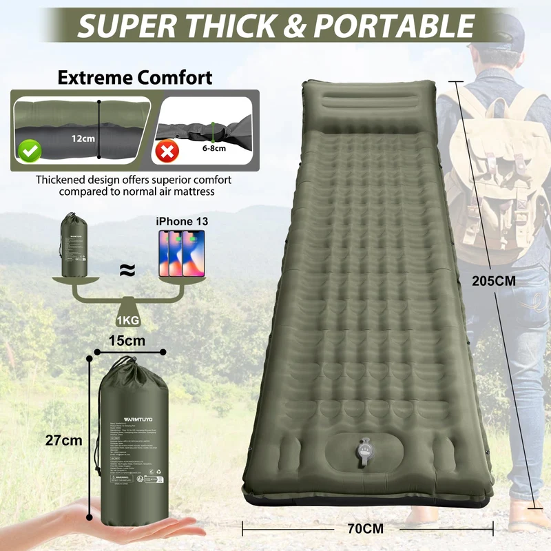 WARMTUYO Isomatte Camping 12 cm, aufblasbar mit Fusspumpe und Kissen