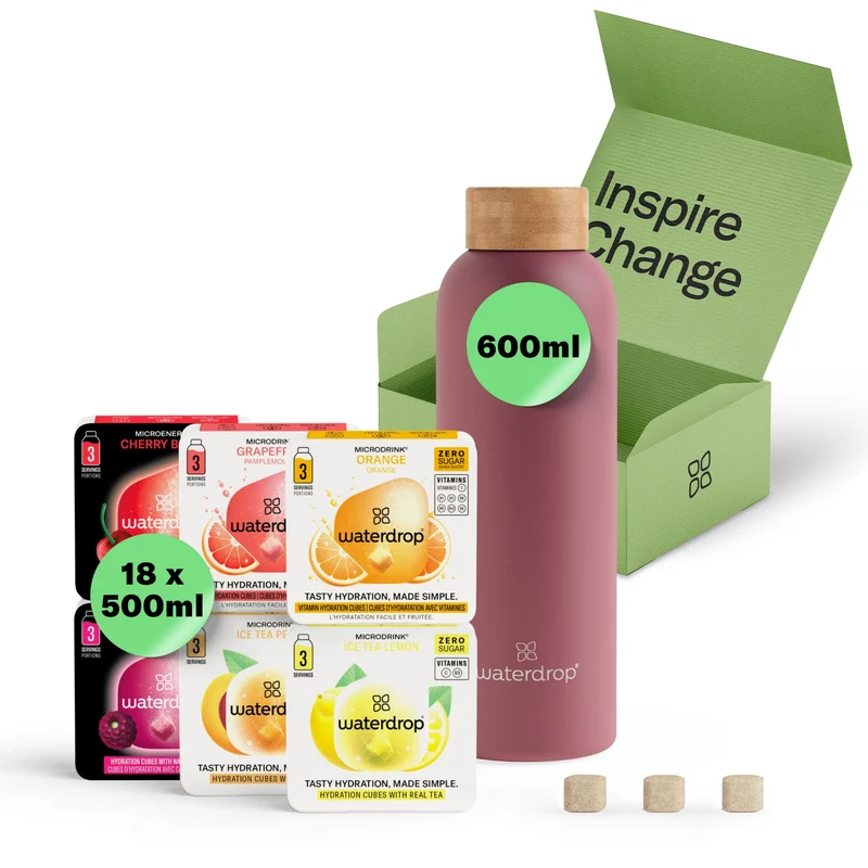 waterdrop Starter Set Edelstahl-Trinkflasche 600 ml + 18 Drops