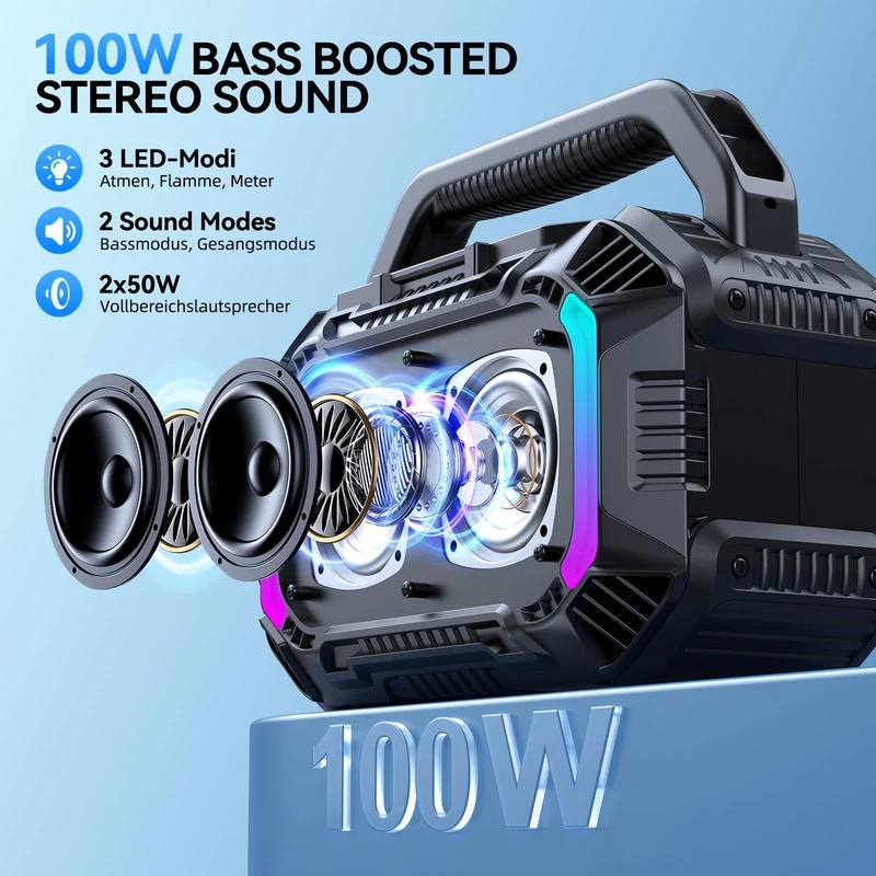 Wilody 100W Bluetooth Lautsprecher tragbar, IPX7 wasserdicht, Schwarz