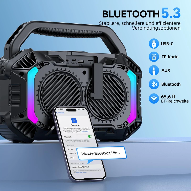 Wilody 100W Bluetooth Lautsprecher tragbar, IPX7 wasserdicht, Schwarz