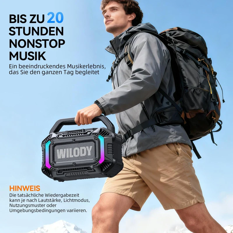 Wilody 100W Bluetooth Lautsprecher tragbar, IPX7 wasserdicht, Schwarz