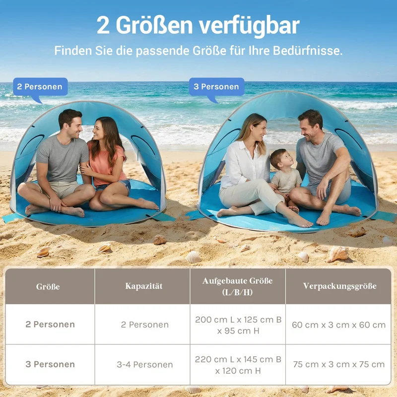 WolfWise Strandmuschel Pop-Up Zelt mit UV-Schutz 50+, 3-4 Personen