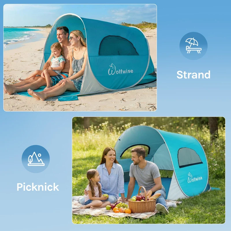 WolfWise Strandmuschel Pop-Up Zelt mit UV-Schutz 50+, 3-4 Personen