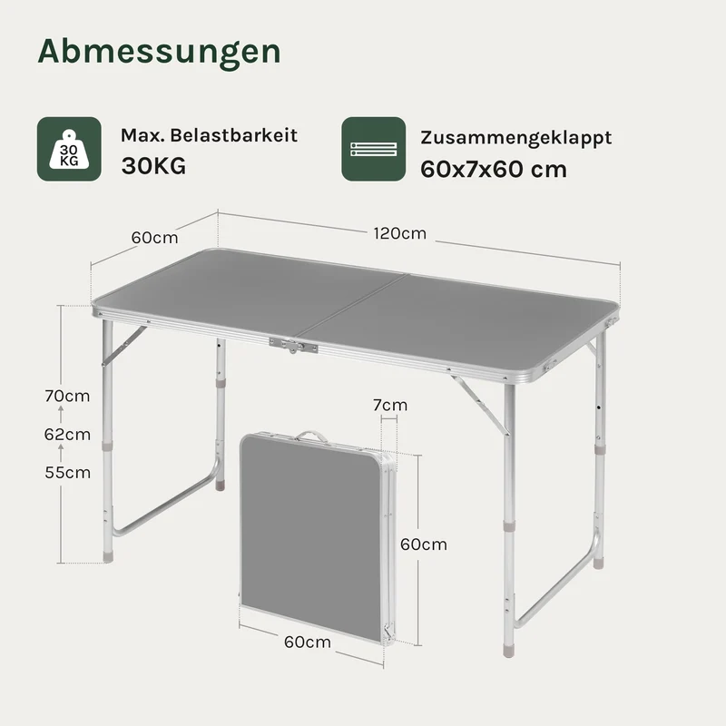 WOLTU Campingtisch Klapptisch 120 x 60 cm, höhenverstellbar, Grau