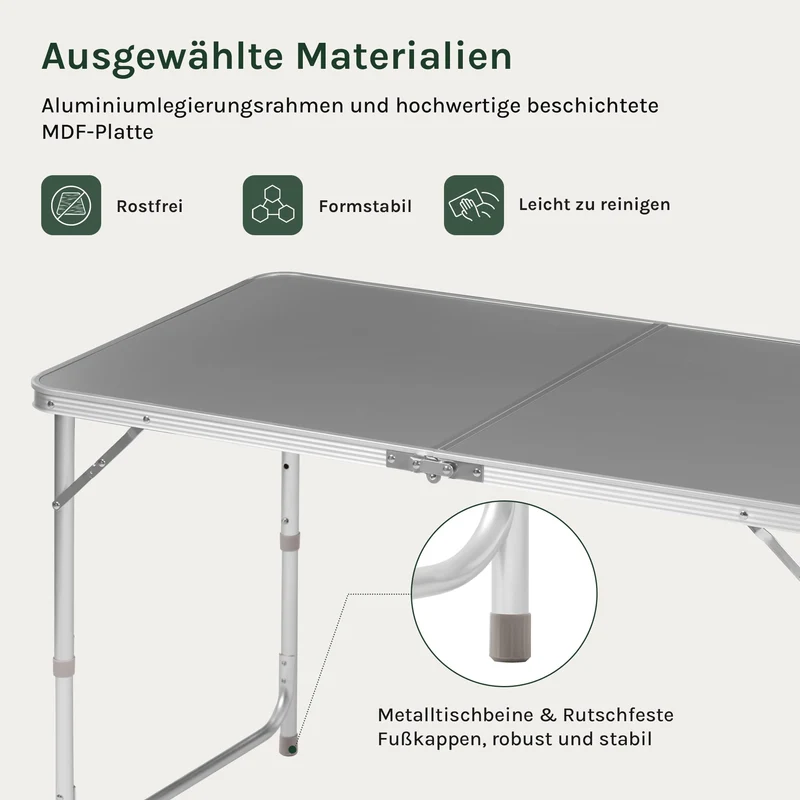 WOLTU Campingtisch Klapptisch 120 x 60 cm, höhenverstellbar, Grau