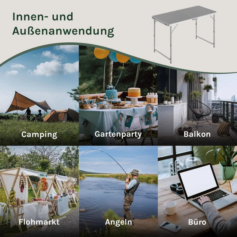 WOLTU Campingtisch Klapptisch 120 x 60 cm, höhenverstellbar, Grau