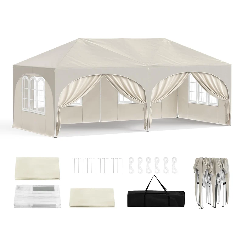 WOLTU Faltpavillon 3x6 m mit 6 Seitenwänden, UV-Schutz 50+, Beige