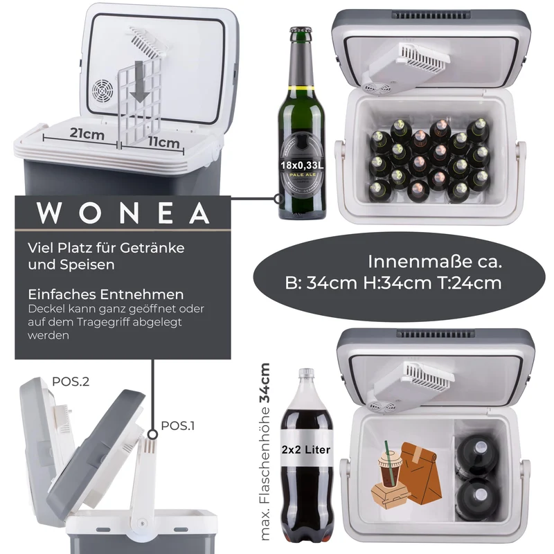 WONEA Thermoelektrische Kühlbox 32 Liter, 12V/230V, kühlt und wärmt