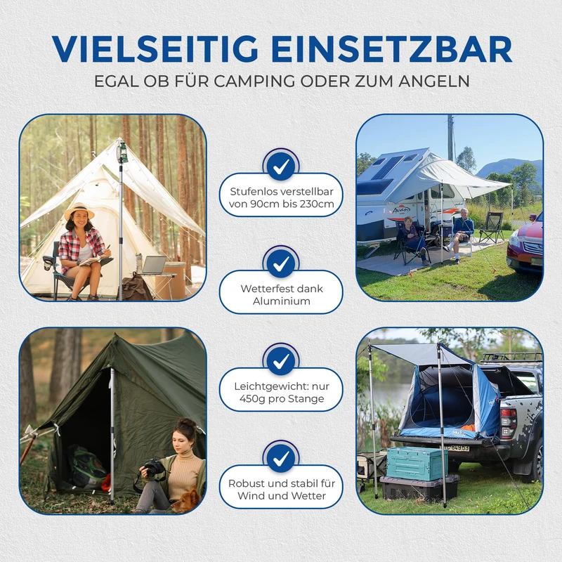 WRPS Teleskop-Zeltstangen Aluminium 2er-Set, 95–230 cm, mit Tasche