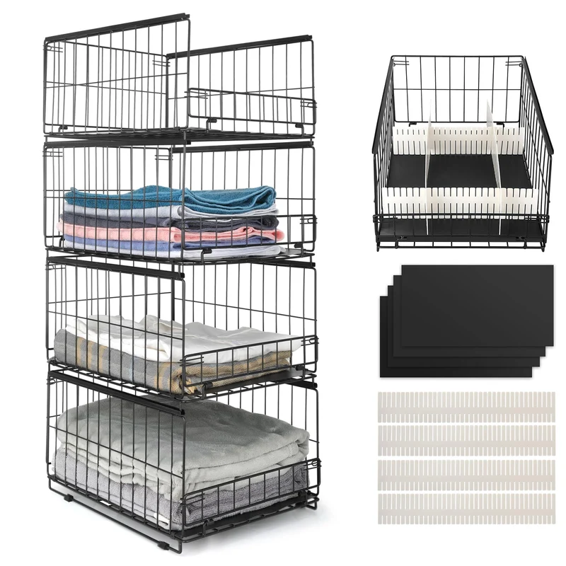Wuciray Kleiderschrank Organizer, 4 Stück, stapelbar, faltbar, schwarz