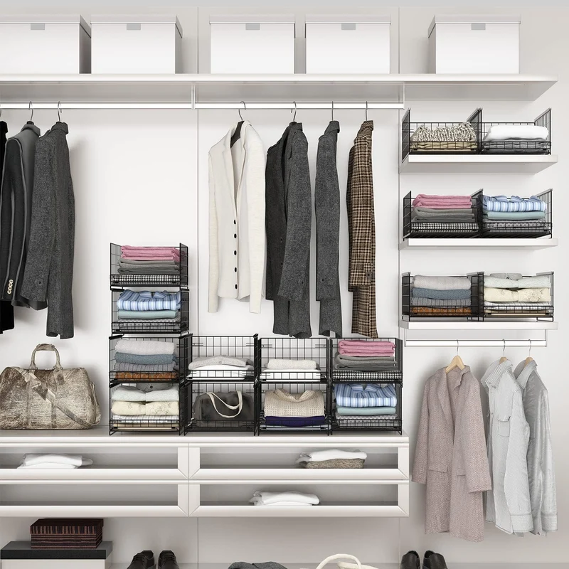Wuciray Kleiderschrank Organizer, 4 Stück, stapelbar, faltbar, schwarz