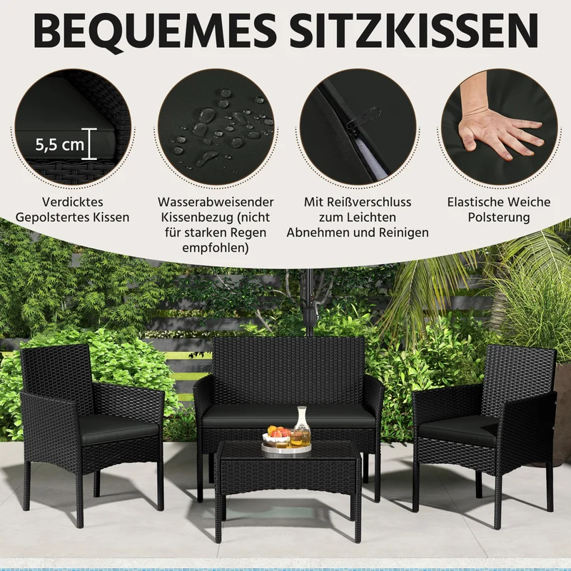 Yaheetech Gartenmöbel-Set Polyrattan 4-teilig mit Sofa & Tisch