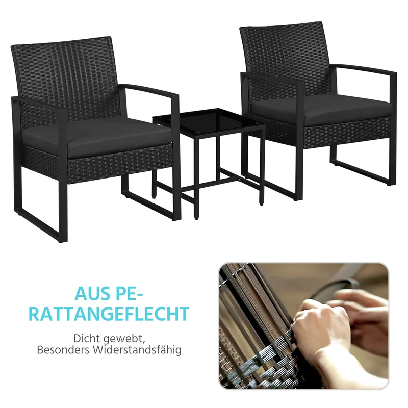 Yaheetech Balkonmöbel Set 3-teilig, Polyrattan Sitzgruppe Schwarz