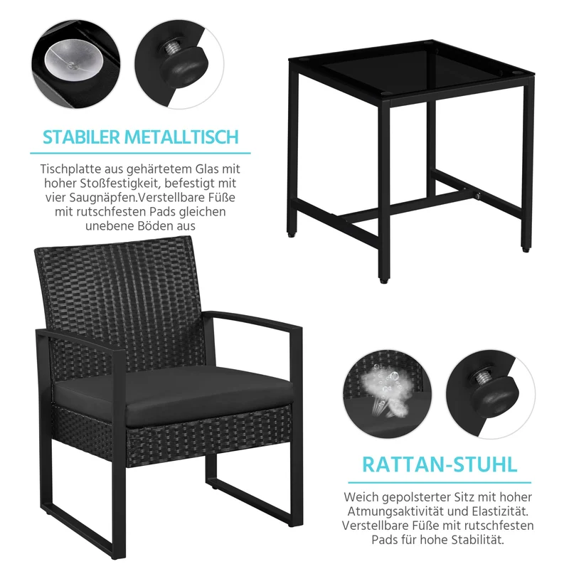 Yaheetech Balkonmöbel Set 3-teilig, Polyrattan Sitzgruppe Schwarz