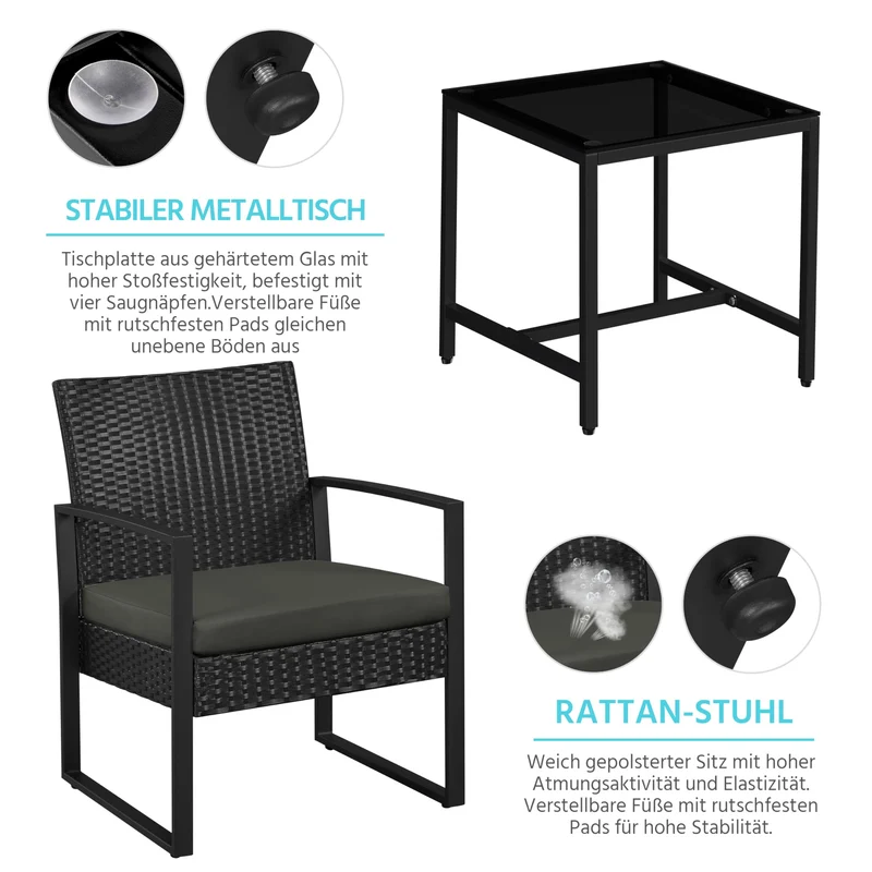 Yaheetech Balkonmöbel Set aus Polyrattan, 3-teilig, 2 Stühle & Tisch