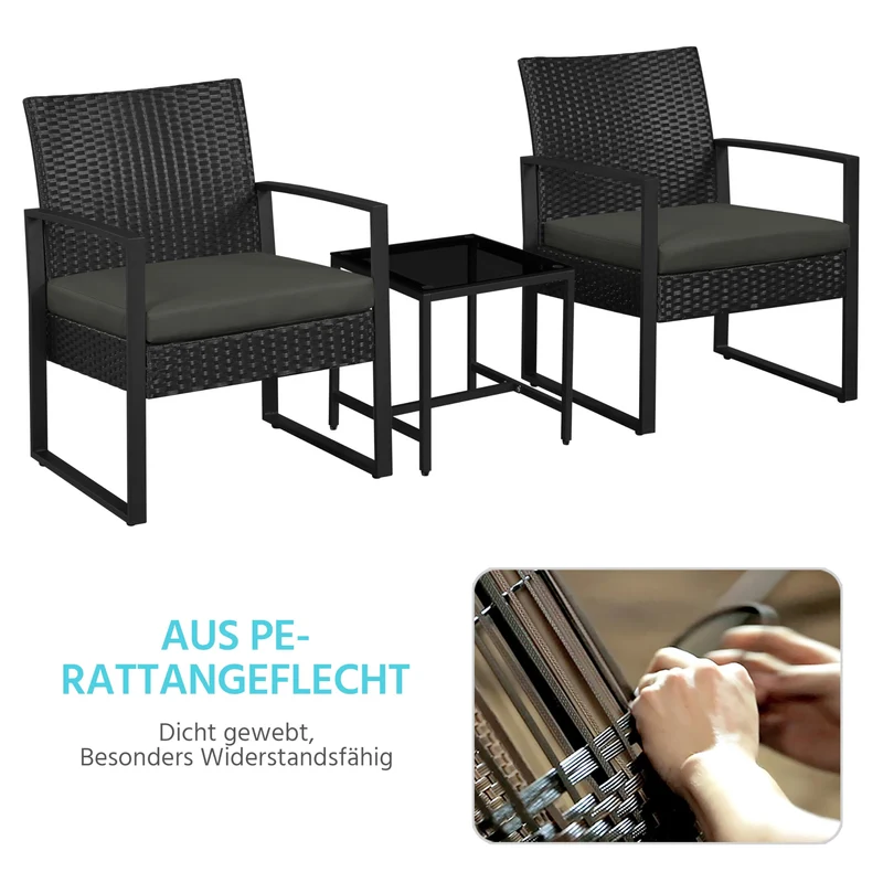 Yaheetech Balkonmöbel Set aus Polyrattan, 3-teilig, 2 Stühle & Tisch
