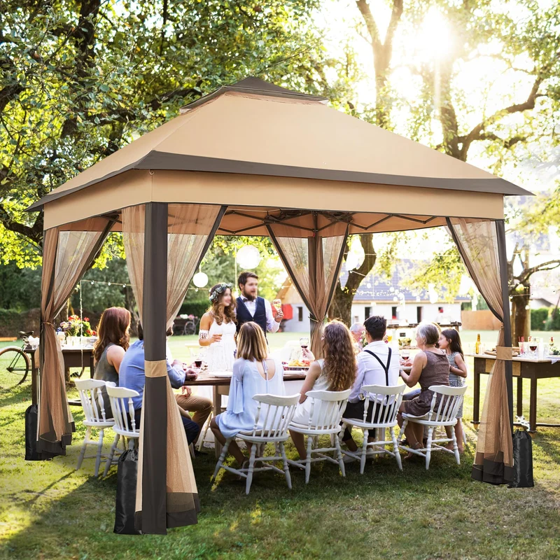 Yaheetech Faltpavillon 3,3x3,3 m wasserdicht mit Moskitonetz khaki