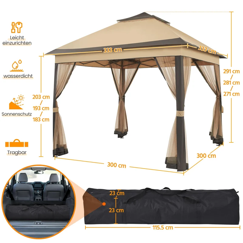 Yaheetech Faltpavillon 3,3x3,3 m wasserdicht mit Moskitonetz khaki
