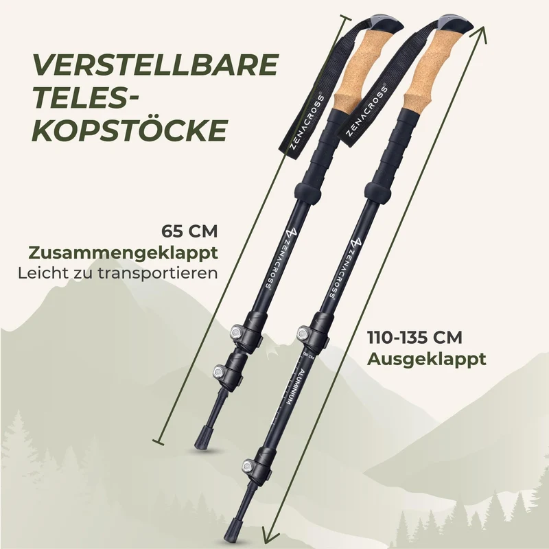 Zenacross Wanderstöcke Teleskop mit Korkgriff, 65-135 cm verstellbar