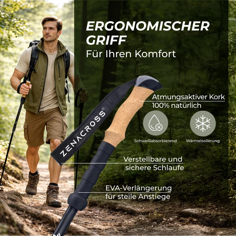 Zenacross Wanderstöcke Teleskop mit Korkgriff, 65-135 cm verstellbar