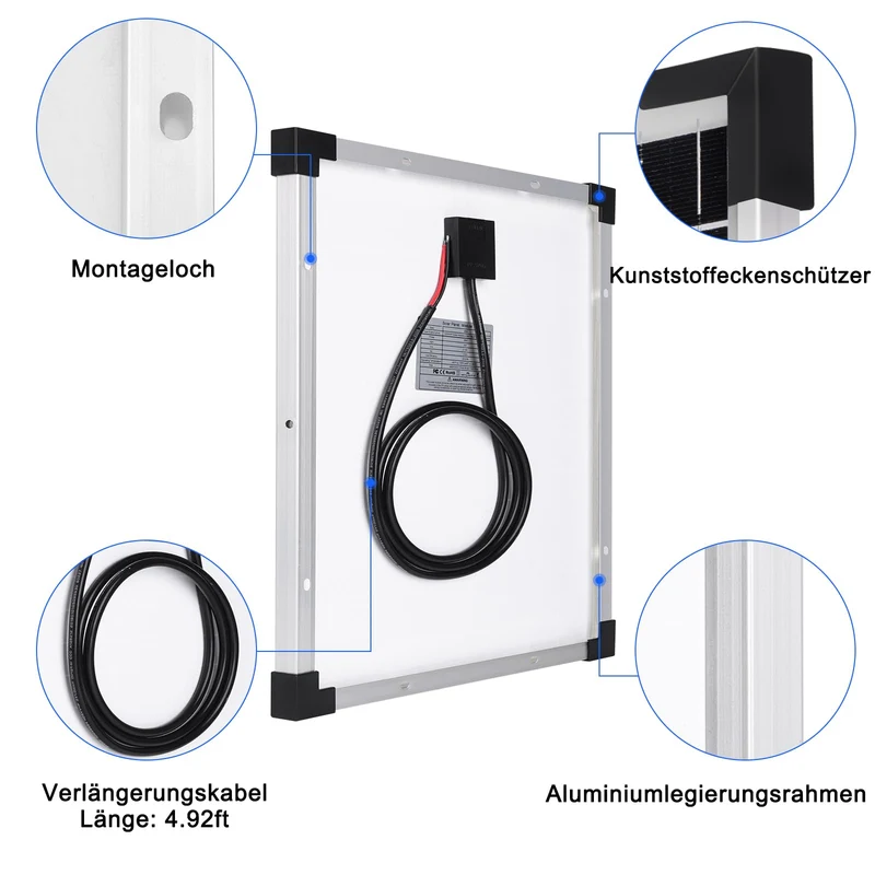 DERUXI Monokristallines Solarpanel-Kit 50W 12V mit 10A Laderegler