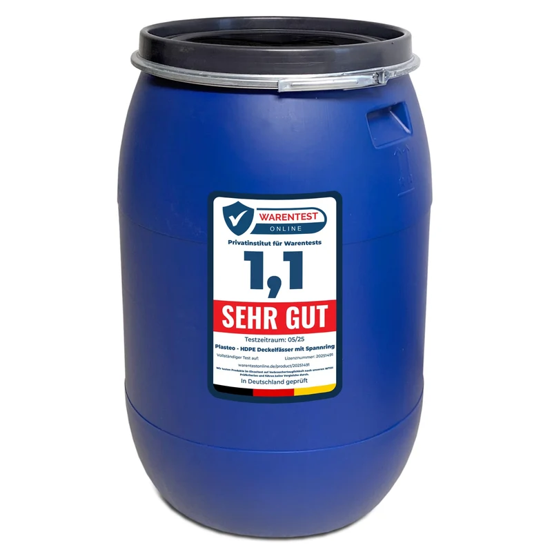 plasteo Weithalsfass 220 Liter mit Spannring - Lebensmittelecht Blau