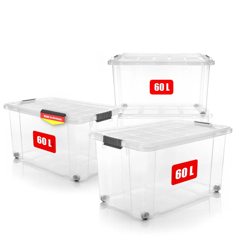 BigDean 4er-Set 60L Stapelbox – Transparent & Rollbar