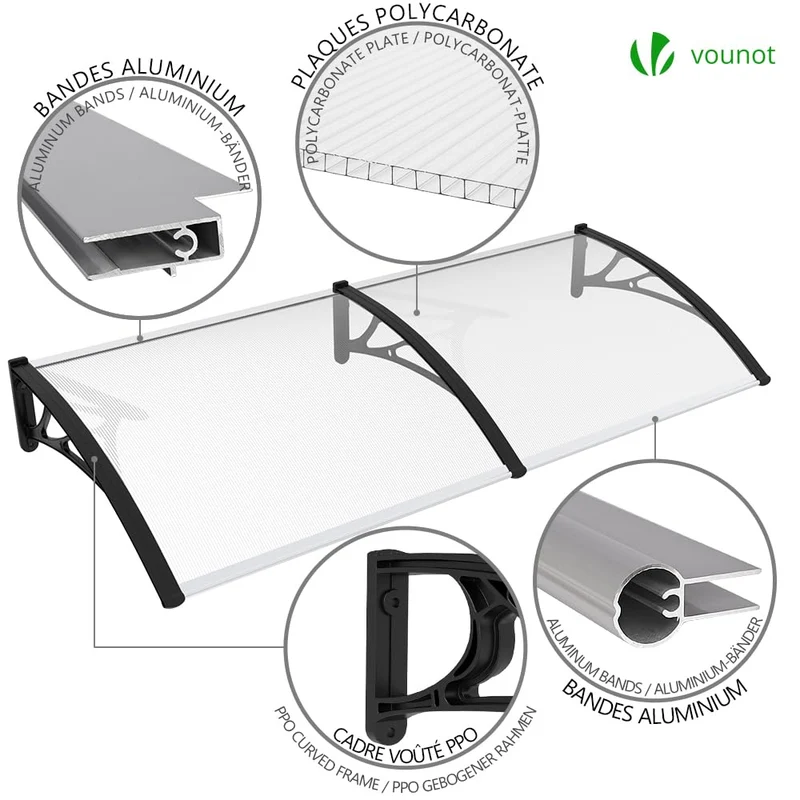 VOUNOT Vordach Haustür Pultvordach 200x80 cm Transparent/Schwarz