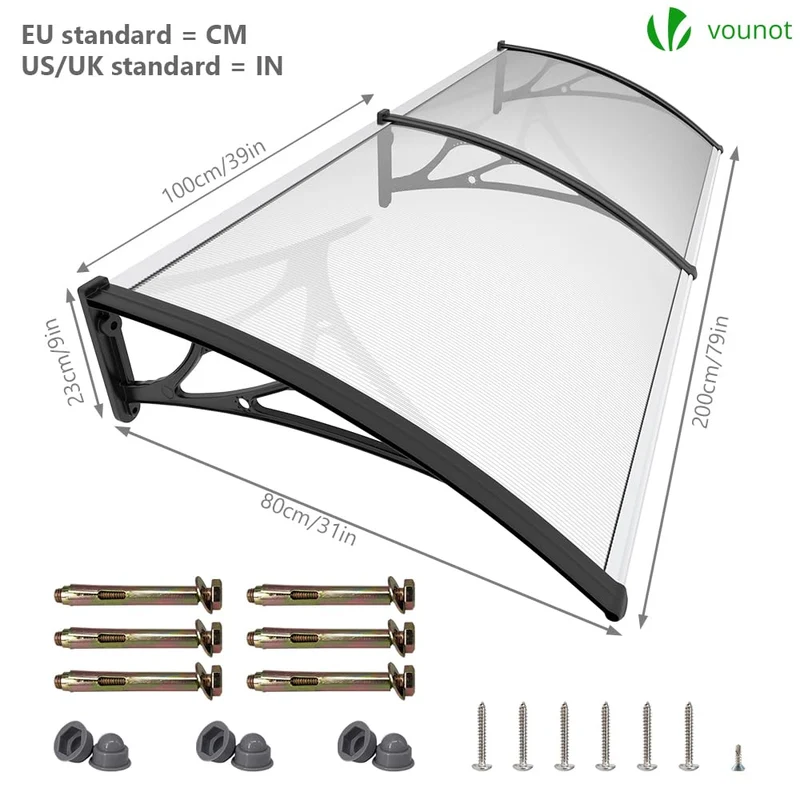 VOUNOT Vordach Haustür Pultvordach 200x80 cm Transparent/Schwarz