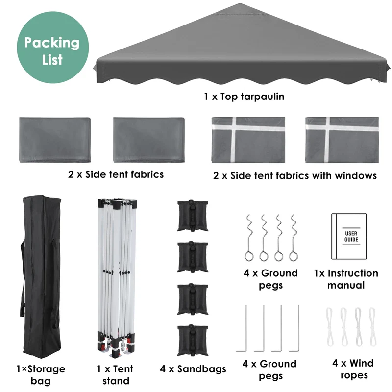 OutdoorPro Faltpavillon 3x3m – UV50+ Grau mit Seitenteilen