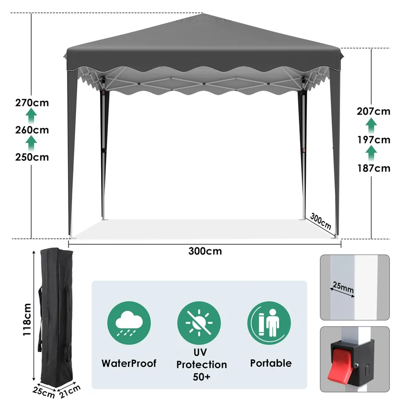 OutdoorPro Faltpavillon 3x3m – UV50+ Grau mit Seitenteilen