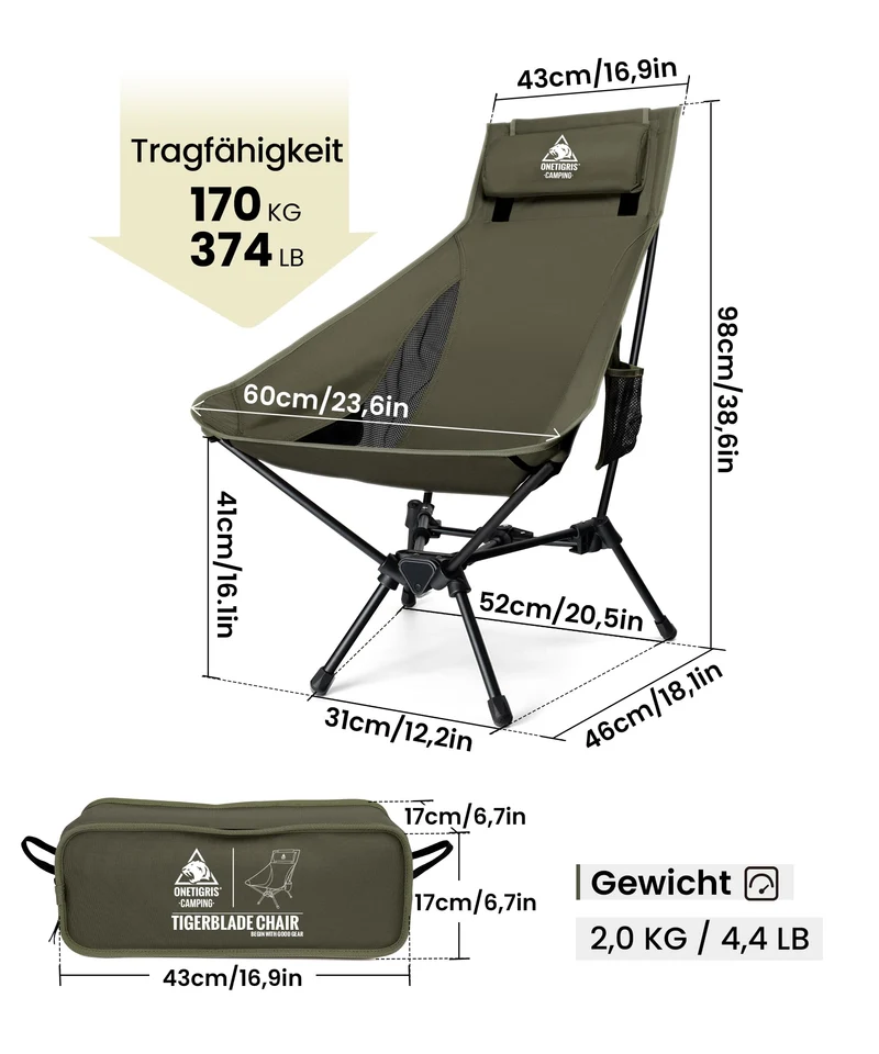 OneTigris TIGERBLADE Hochlehner Campingstuhl - Ranger Grün