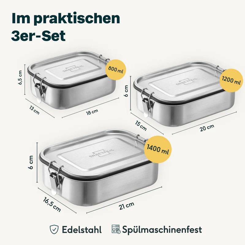 SILBERTHAL Brotdose Edelstahl Lunchbox mit Fächern – 3er Set