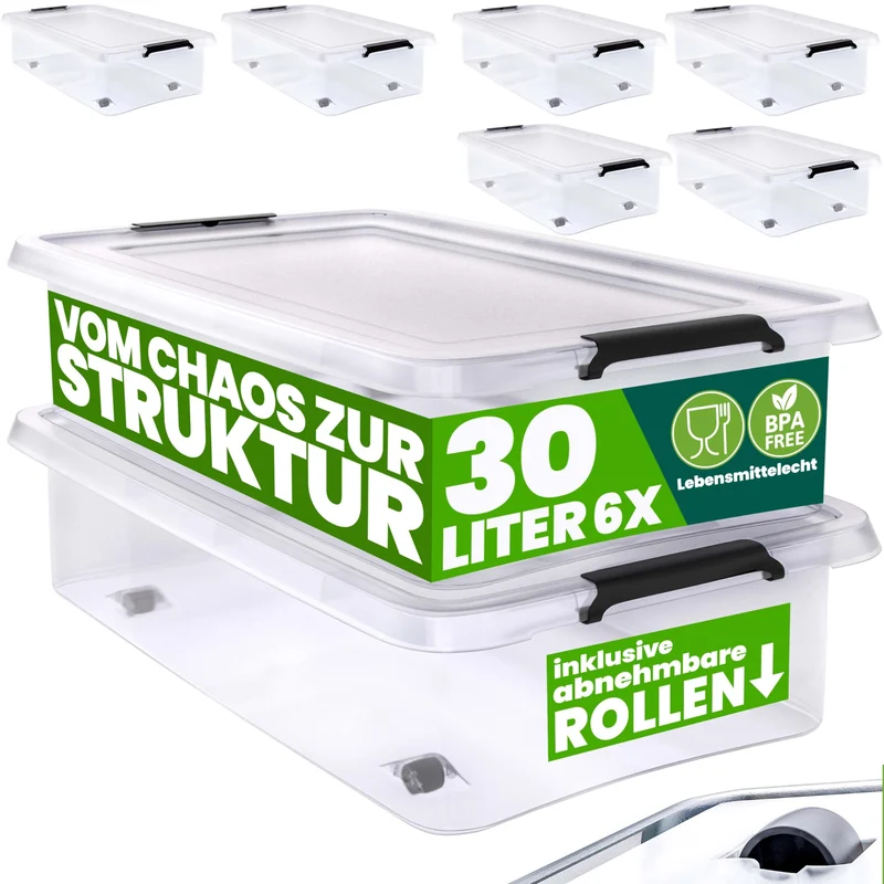 Deuba® RB60 Aufbewahrungsboxen - 6x 30l transparent mit Rollen
