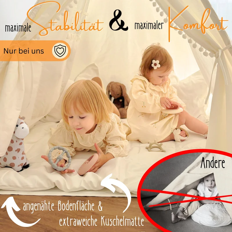 LIONHERZ® Tipi Zelt Kinder Stabil – Baumwolle Cremeweiss