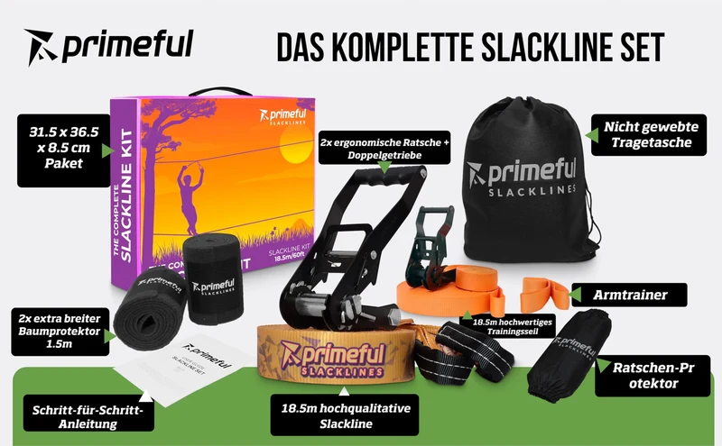 Primeful® Slackline Set Komplettset für Balance Training 18,5m