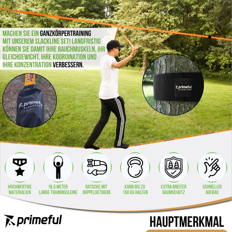 Primeful® Slackline Set Komplettset für Balance Training 18,5m