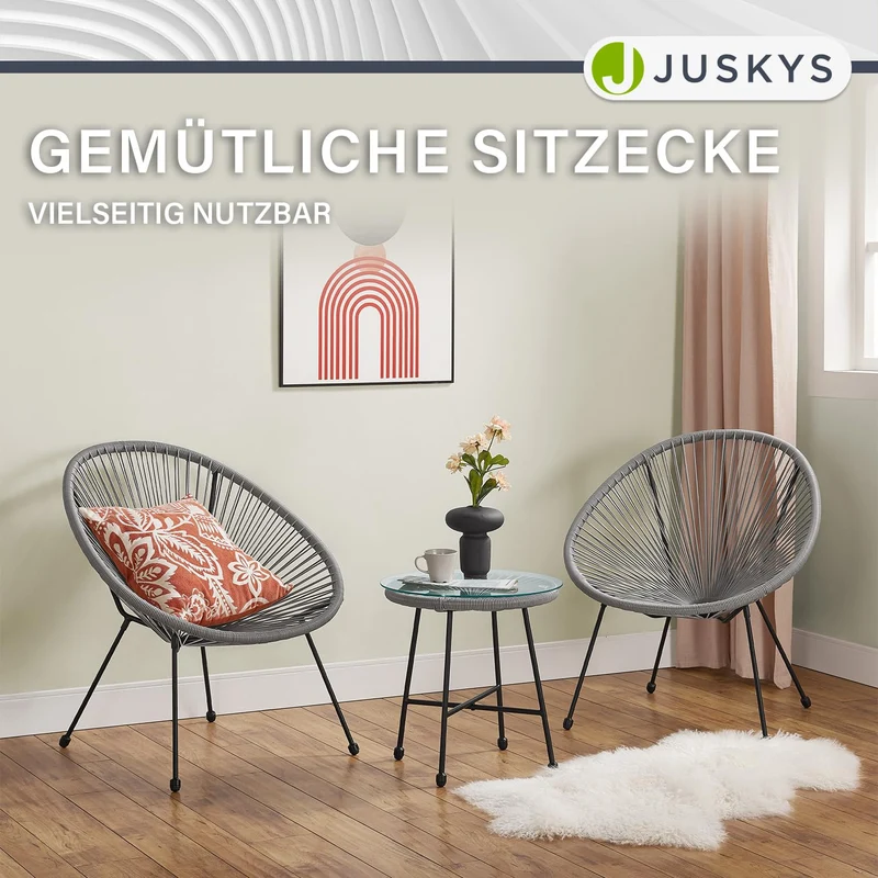 Juskys Ostana Balkonmöbel Set 3-tlg. Tisch & 2 Sessel Hellgrau