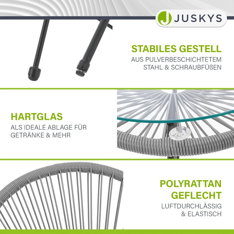 Juskys Ostana Balkonmöbel Set 3-tlg. Tisch & 2 Sessel Hellgrau
