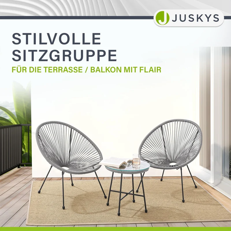 Juskys Ostana Balkonmöbel Set 3-tlg. Tisch & 2 Sessel Hellgrau