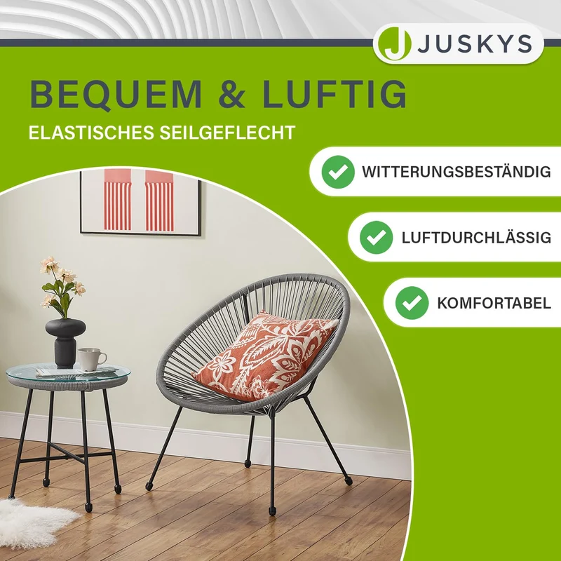 Juskys Ostana Balkonmöbel Set 3-tlg. Tisch & 2 Sessel Hellgrau
