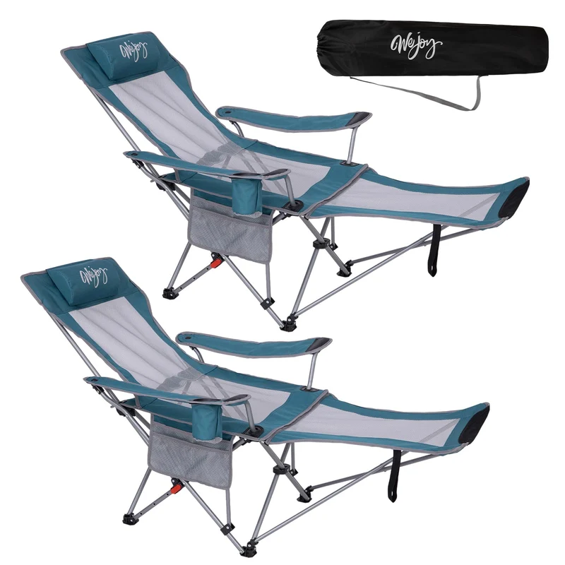 WEJOY 2-in-1 Campingstuhl Relaxliege mit Fussstuetze - Cyan/Grau 2er Set
