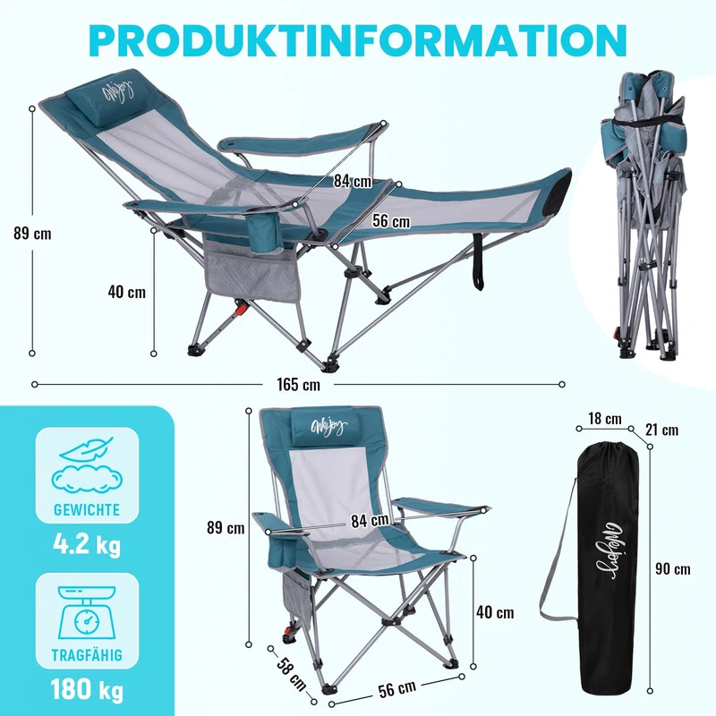 WEJOY 2-in-1 Campingstuhl Relaxliege mit Fussstuetze - Cyan/Grau 2er Set