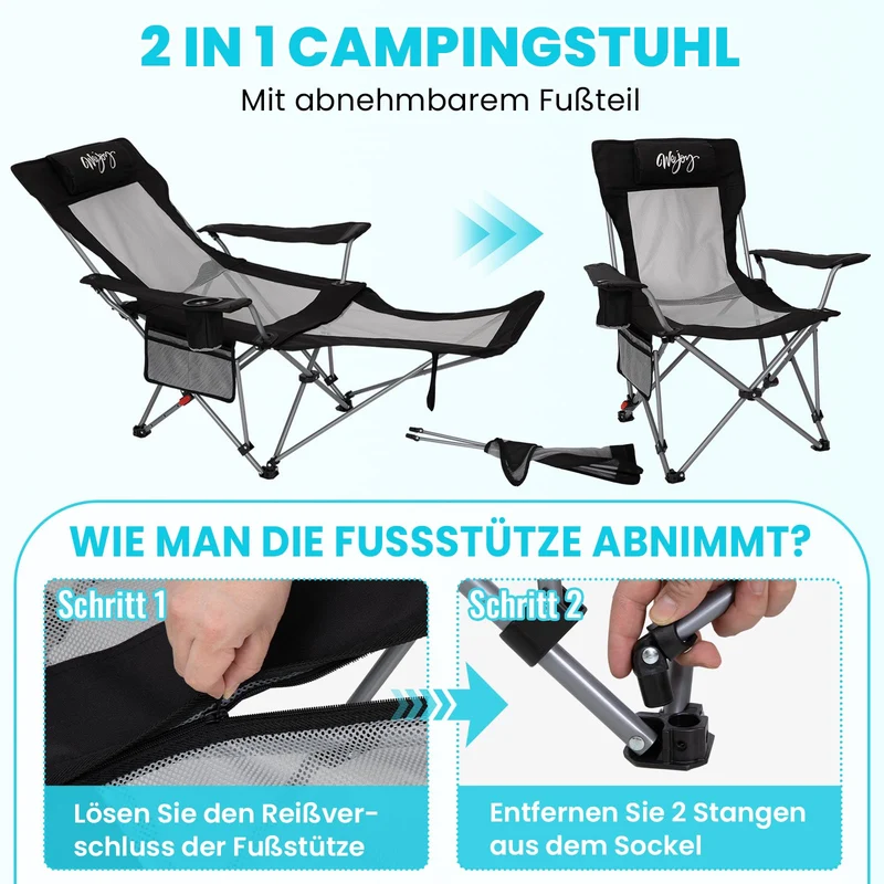 WEJOY 2-in-1 Faltstuhl mit Fussstütze - Schwarz/Grau 2er Set